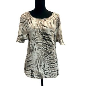 LE Chateau gray tan brown cream Snake print Short Sleeve blouse Sz M
